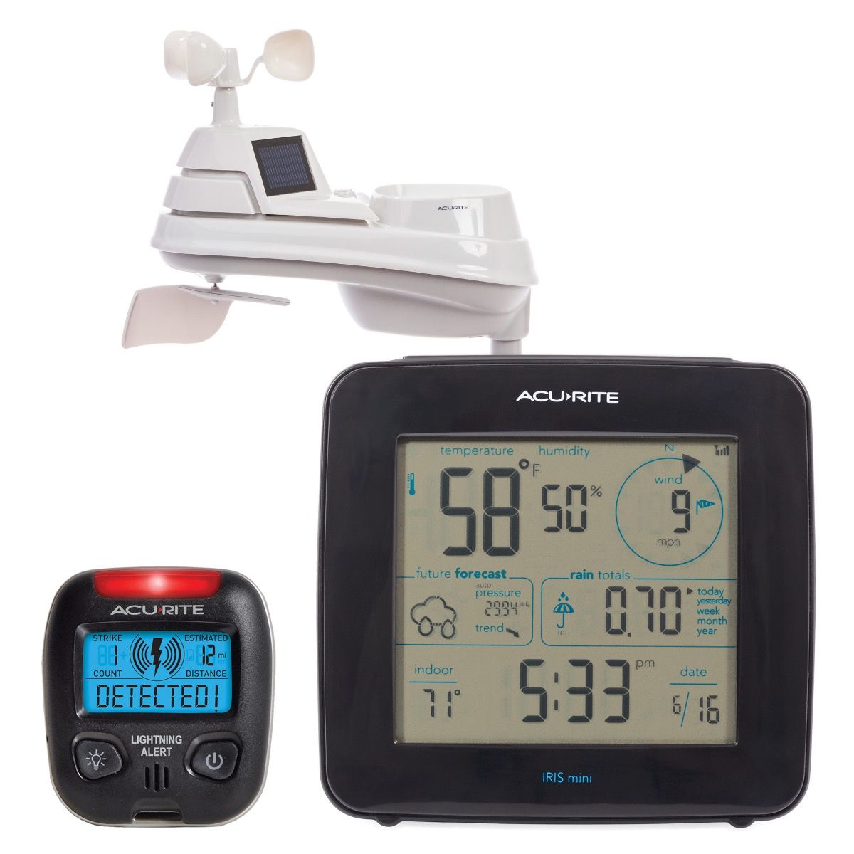AcuRite Iris Weather Station with Wireless Display for Temperature, Humidity, Wind Speed/Direction, and Rainfall with Built-In Barometer and Portable Lightning Detector