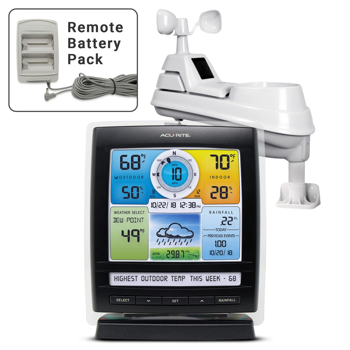 AcuRite Iris (5-in-1) Weather Station with Color Display and Weather Ticker and Remote Battery Pack