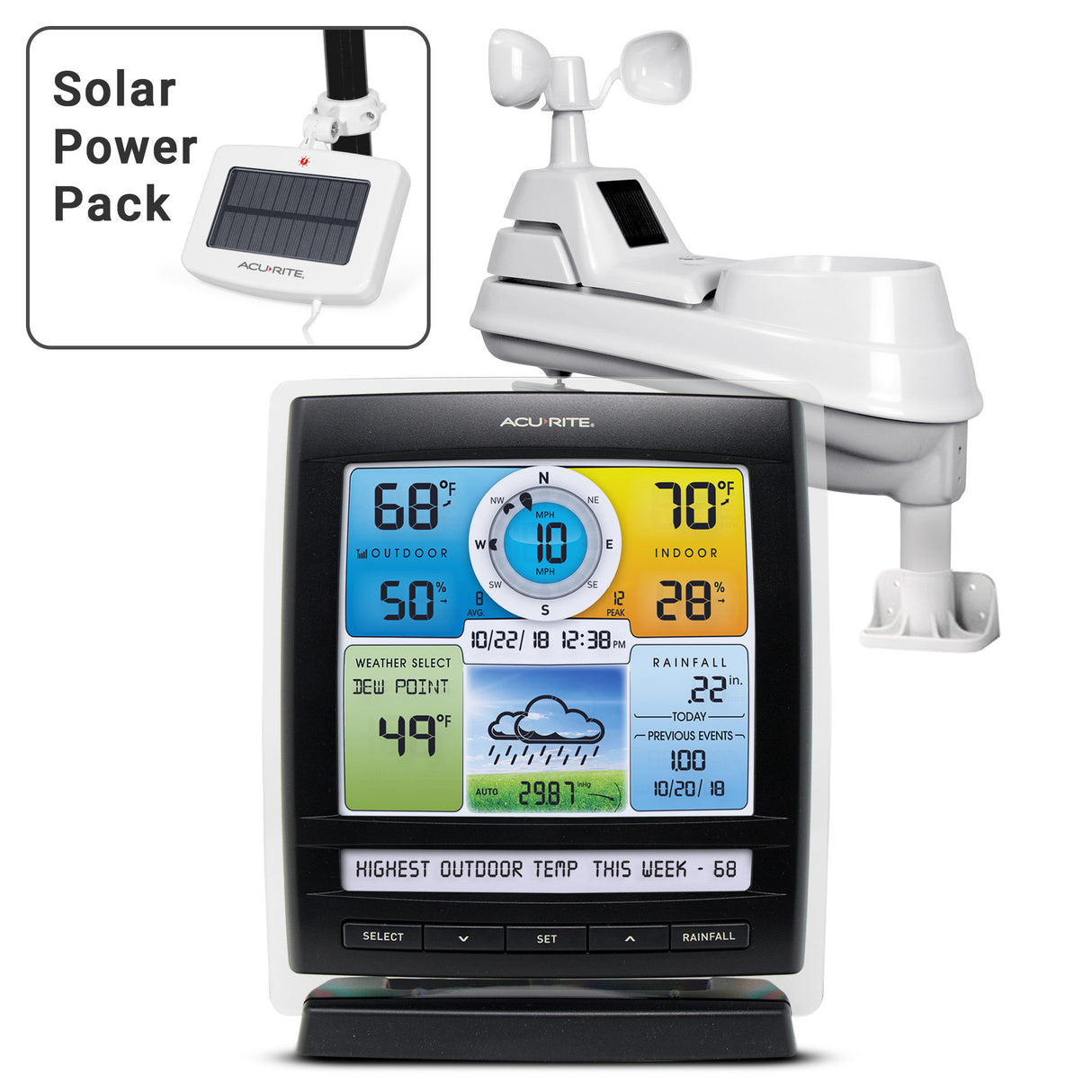 AcuRite Iris (5-in-1) Weather Station with Color Display and Weather Ticker and Solar Power Pack