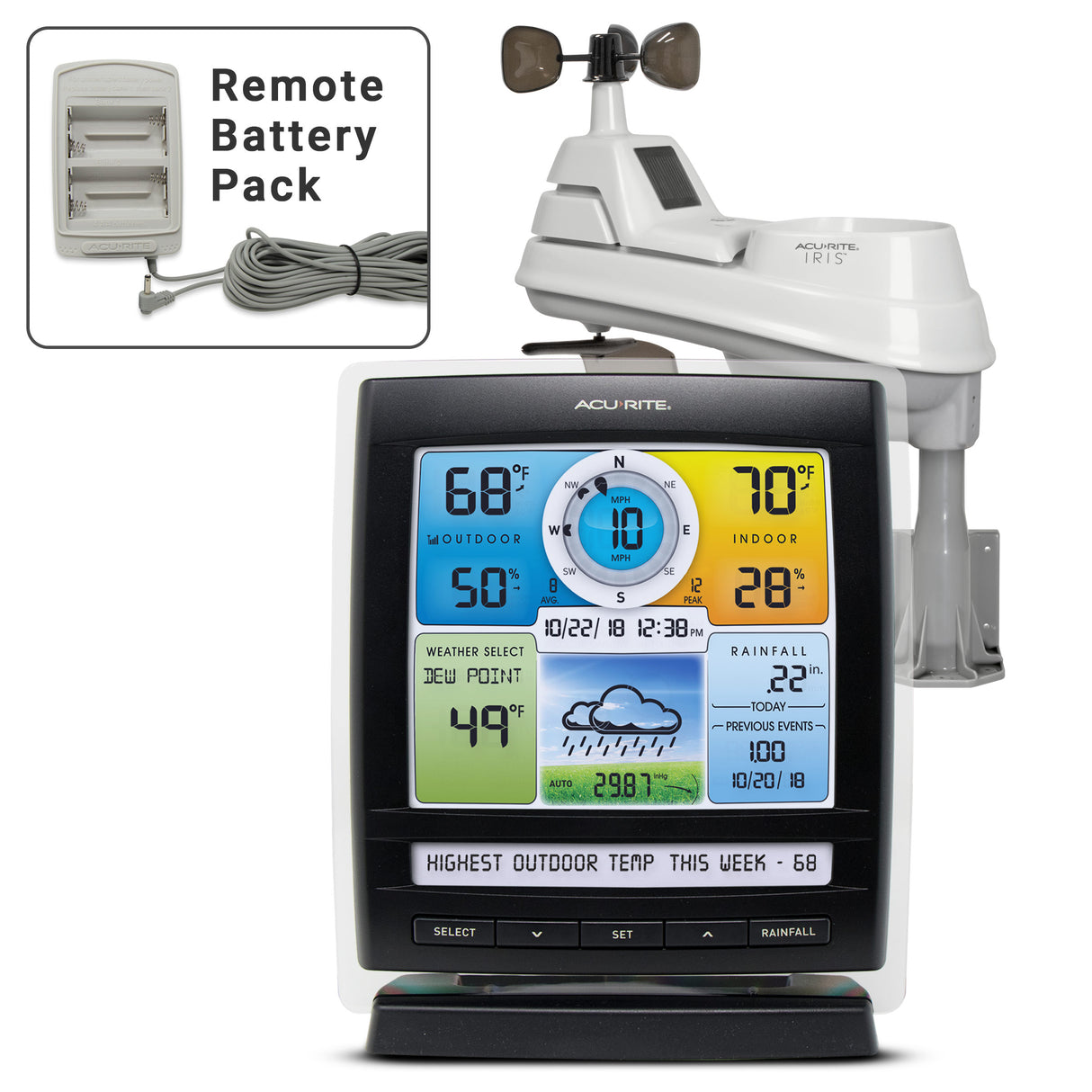 AcuRite Iris (5-in-1) Weather Station with Color Display and Weather Ticker and Remote Battery Pack