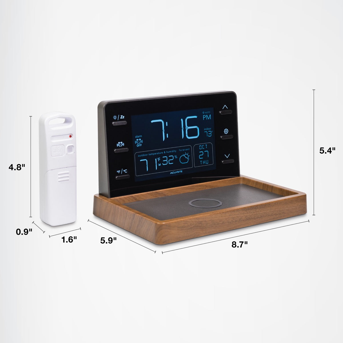 Weather Valet with Qi-Certified Wireless Charging Pad and Alarm Clock Dims