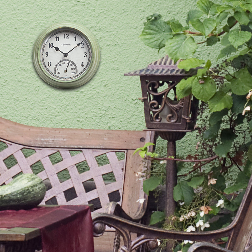8.5-inch Rustic Green Outdoor Clock with Thermometer
