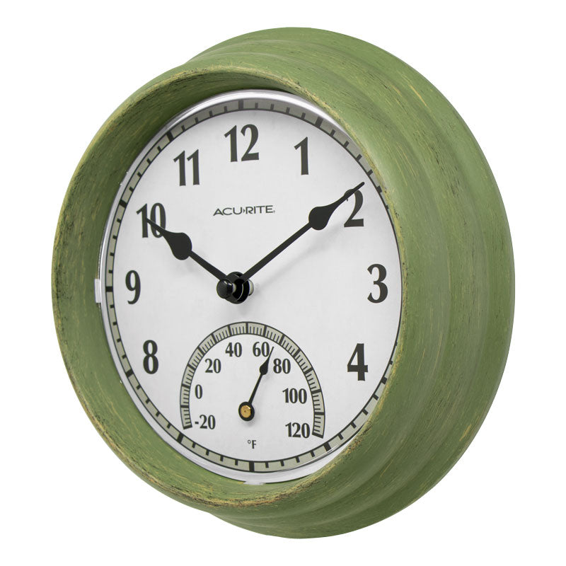 8.5-inch Rustic Green Outdoor Clock with Thermometer