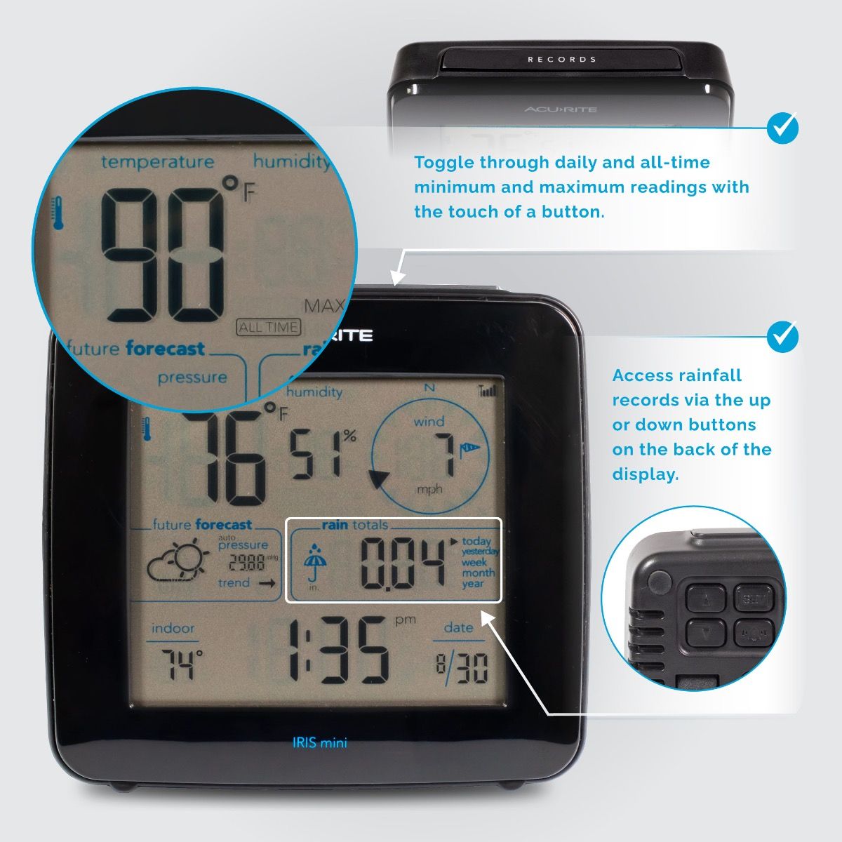 AcuRite Iris Weather Station with Wireless Display for Temperature, Humidity, Wind Speed/Direction, and Rainfall with Built-In Barometer and Portable Lightning Detector