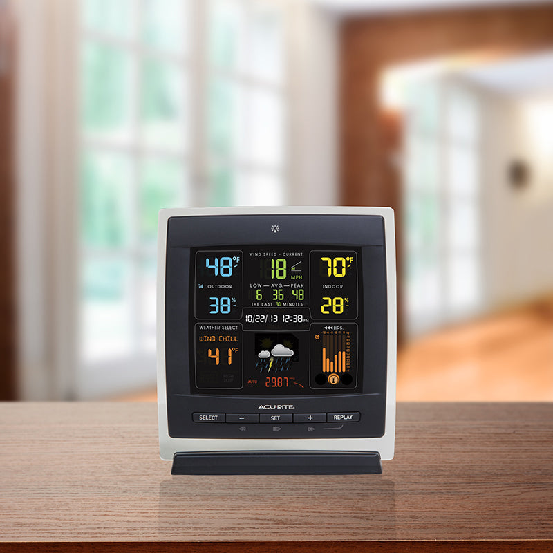 Pro Color Weather Station with Wind Speed Display on a table - AcuRite Weather Monitoring Devices