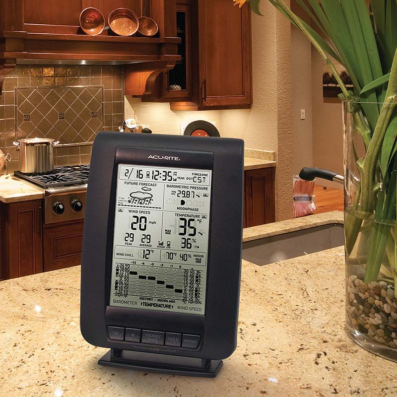 Pro Weather Station display on a kitchen counter - AcuRite Weather Monitoring Devices