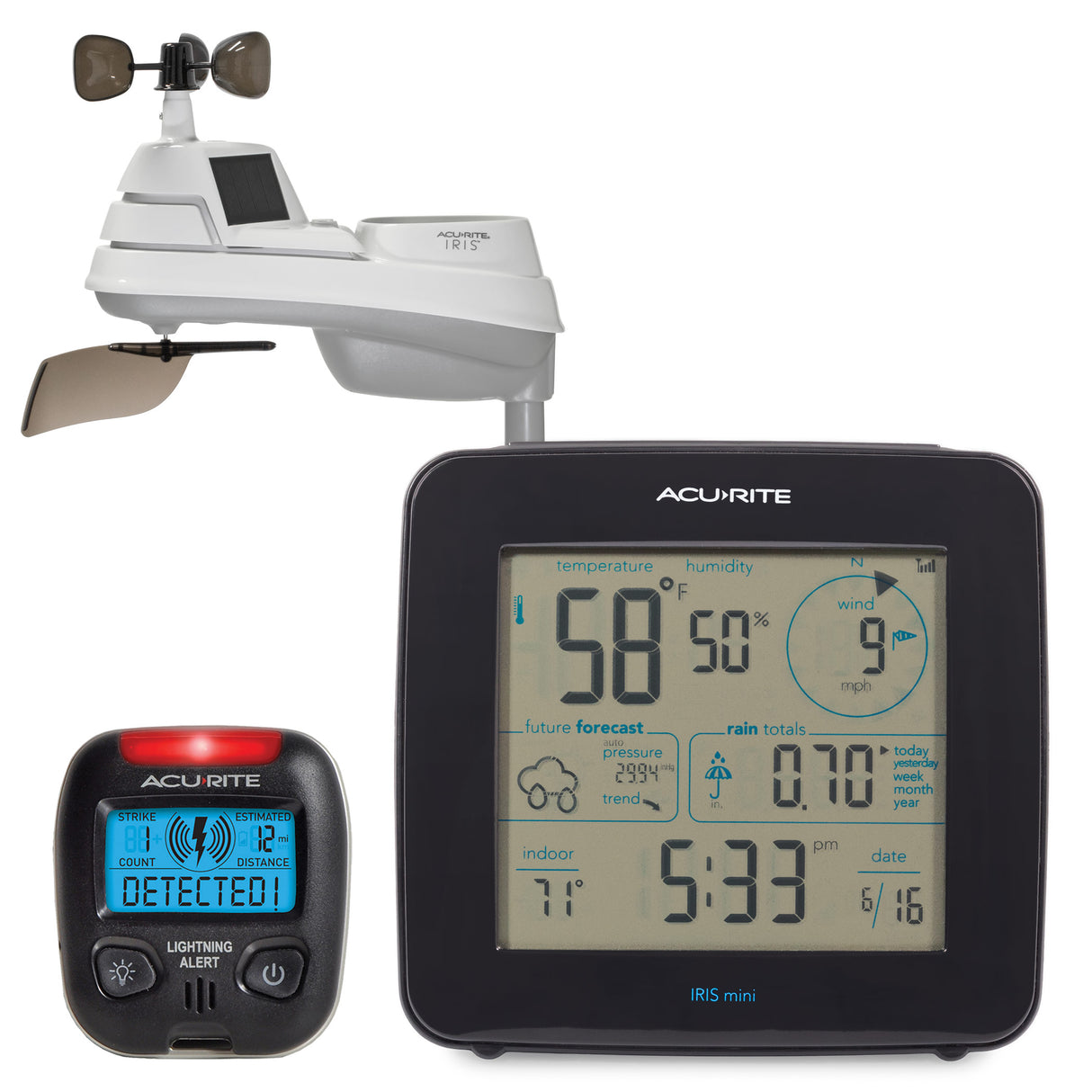 AcuRite Iris Weather Station with Wireless Display for Temperature, Humidity, Wind Speed/Direction, and Rainfall with Built-In Barometer and Portable Lightning Detector