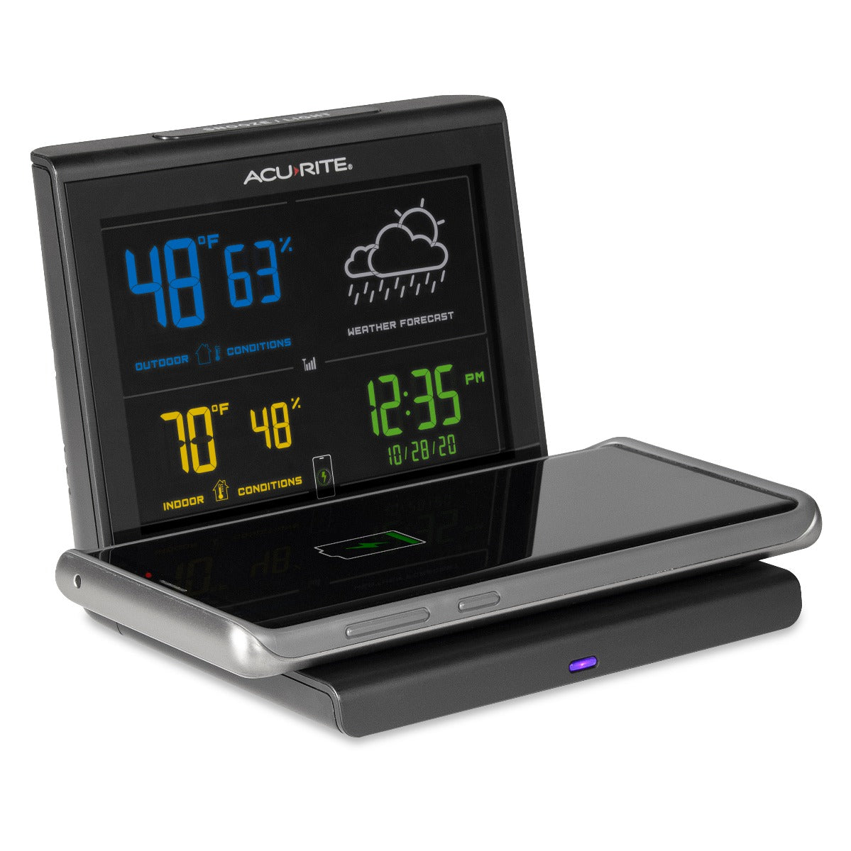 weather forecaster with wireless charger side image with phone