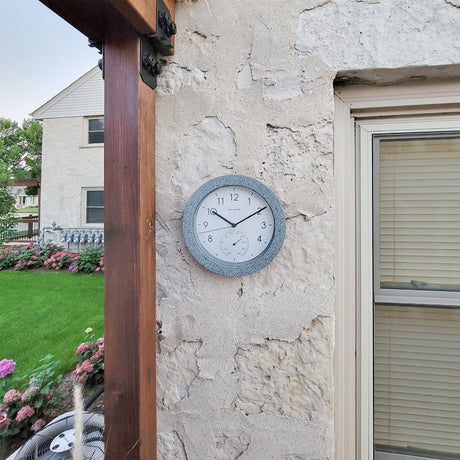 10-inch Faux Concrete Gray Speckled Matte Finish Clock with Thermometer