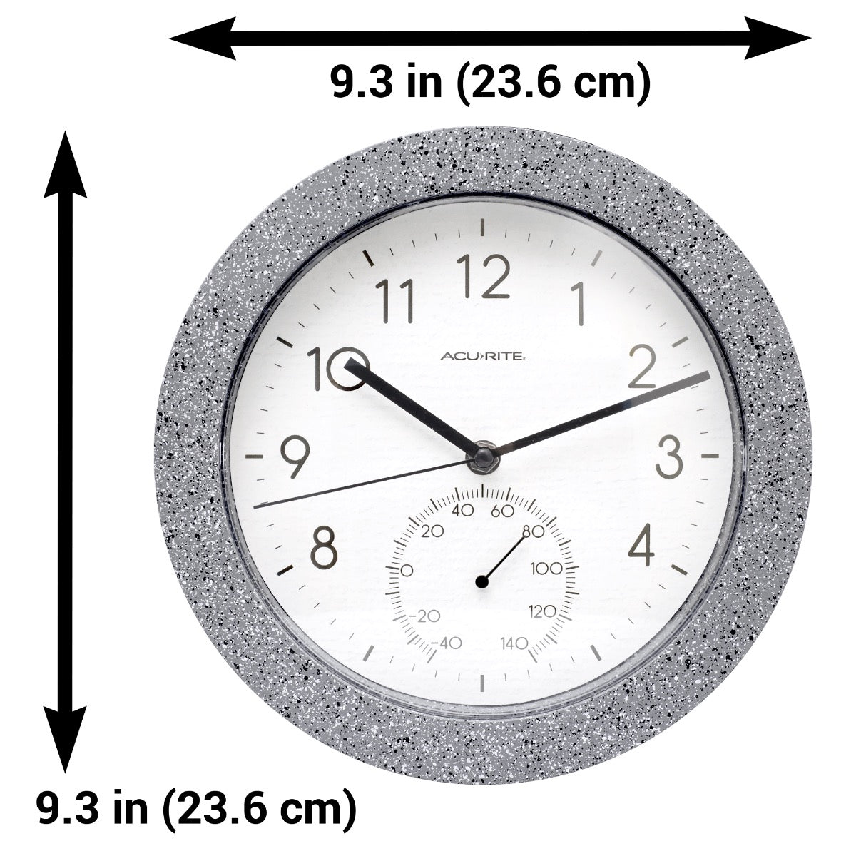 10-inch Faux Concrete Gray Speckled Matte Finish Clock with Thermometer