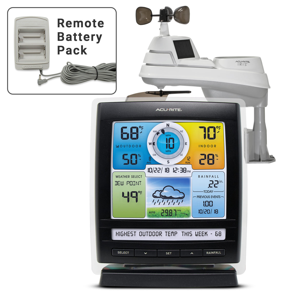 AcuRite Iris (5-in-1) Weather Station with Color Display and Weather Ticker and Remote Battery Pack