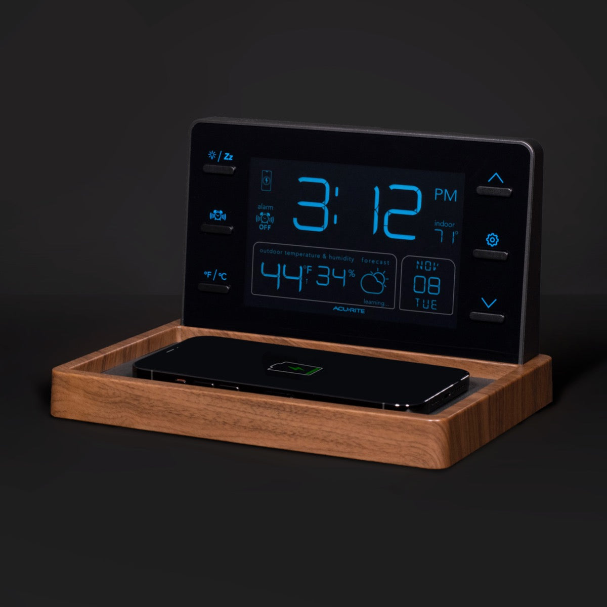 Weather Valet with Qi-Certified Wireless Charging Pad and Alarm Clock Front