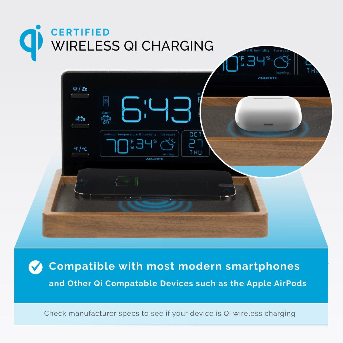 Weather Valet with Qi-Certified Wireless Charging Pad and Alarm Clock Callout