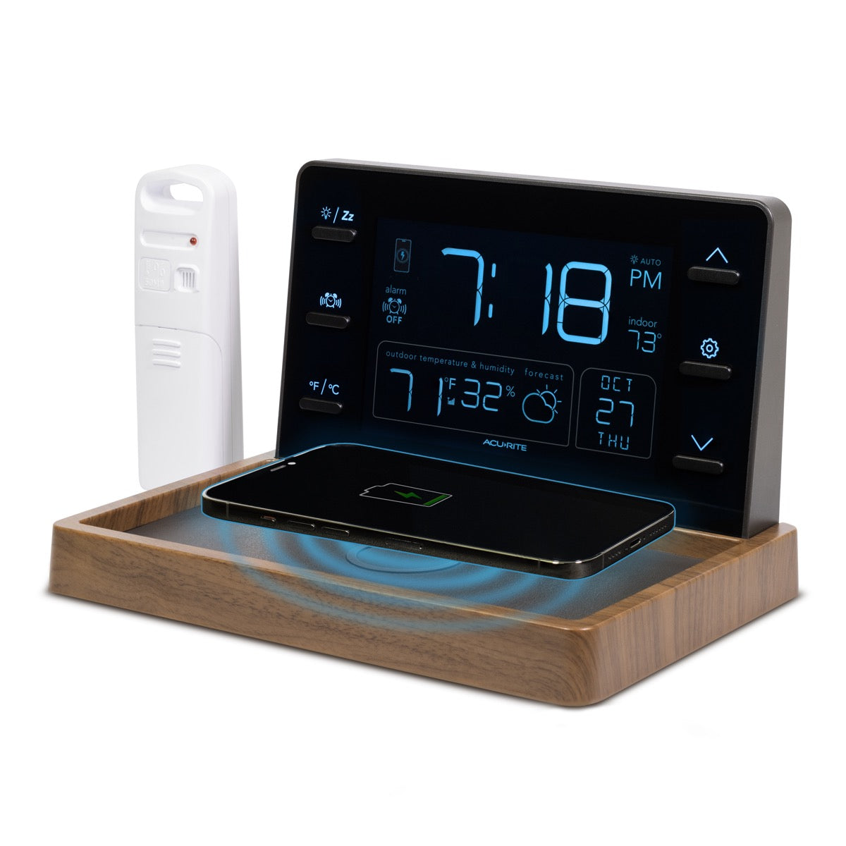 Weather Valet with Qi-Certified Wireless Charging Pad and Alarm Clock Front