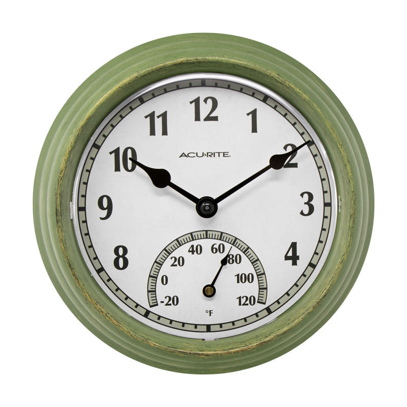 8.5-inch Rustic Green Outdoor Clock with Thermometer