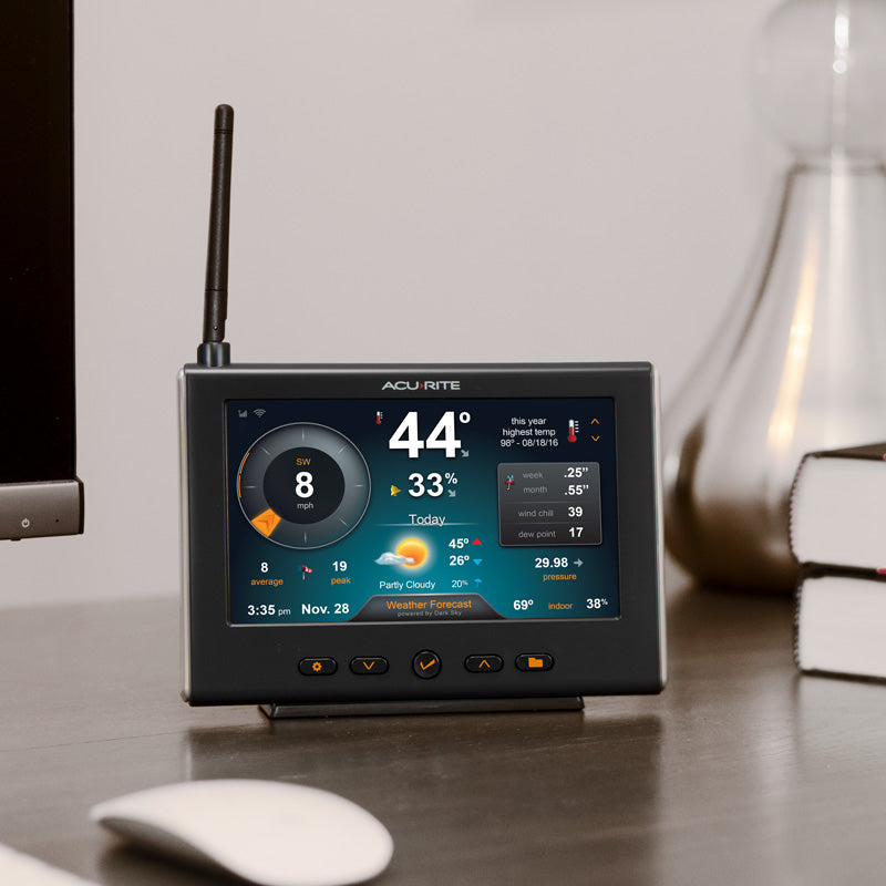 High Definition Pro+ 5-in-1 Weather Station HD Display Placed on a Desk in Your Home – AcuRite Home Environment Monitoring