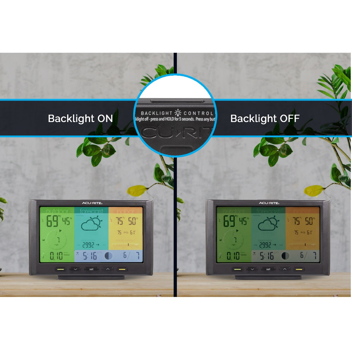 AcuRite Iris® Direct-to-Wi-Fi Color Display for Remote Monitoring- Front Backlight ON or OFF