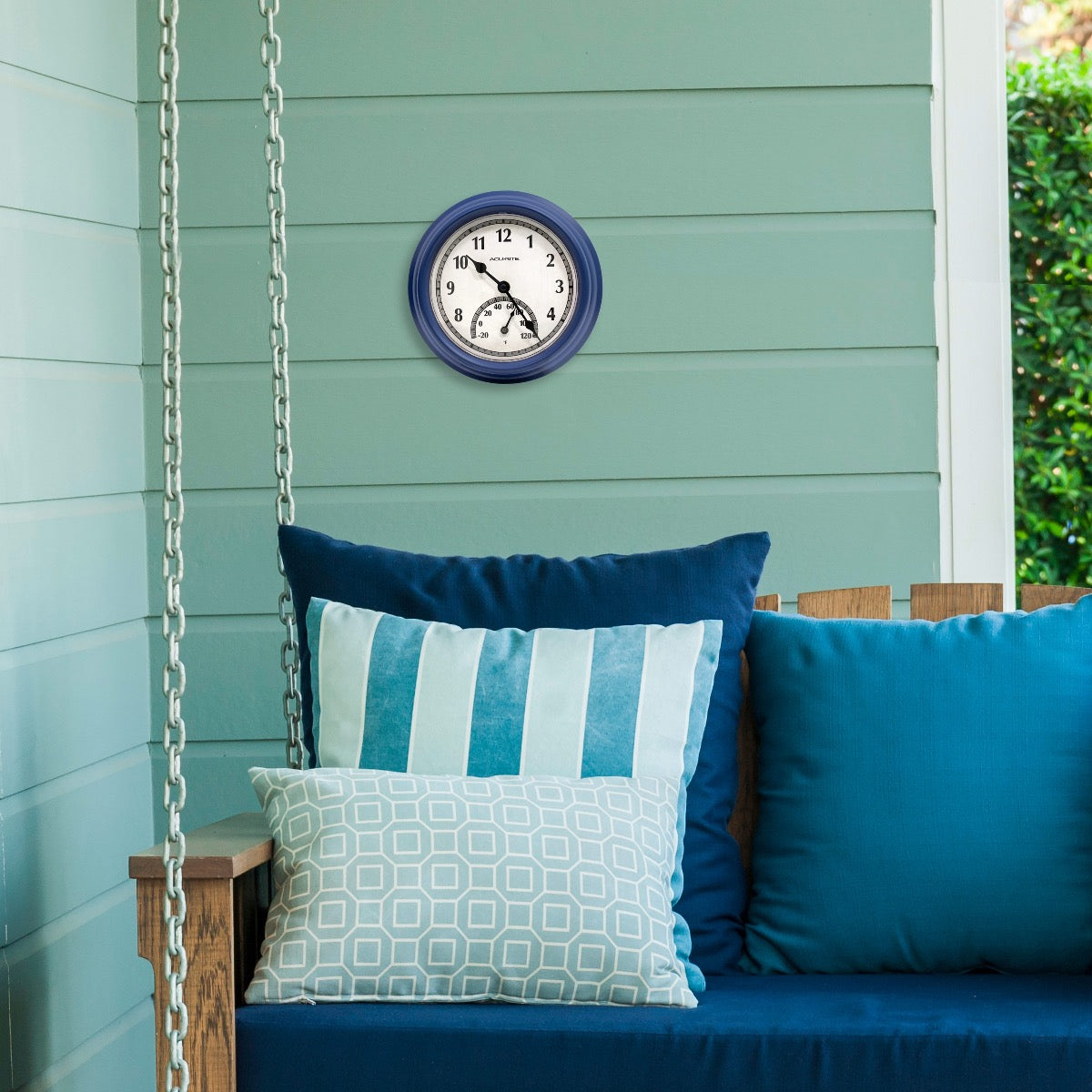 8.5-inch Matte Blue Outdoor Clock with Thermometer