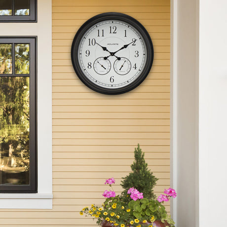 24-inch Weathered Black Wall Clock with Thermometer and Hygrometer