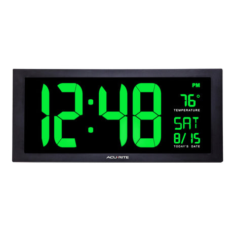 Close up of the Large Digit Green LED Calendar Clock with Indoor Temperature - AcuRite Clocks