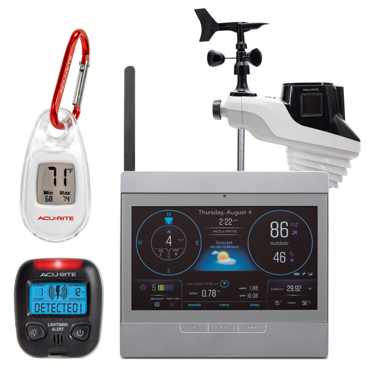 AcuRite Atlas Weather Station with Gray HD Display and Portable Lightning Detector and Digital Thermometer with Carabiner Clip