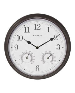 AcuRite brown outdoor clock with temperature and humidity