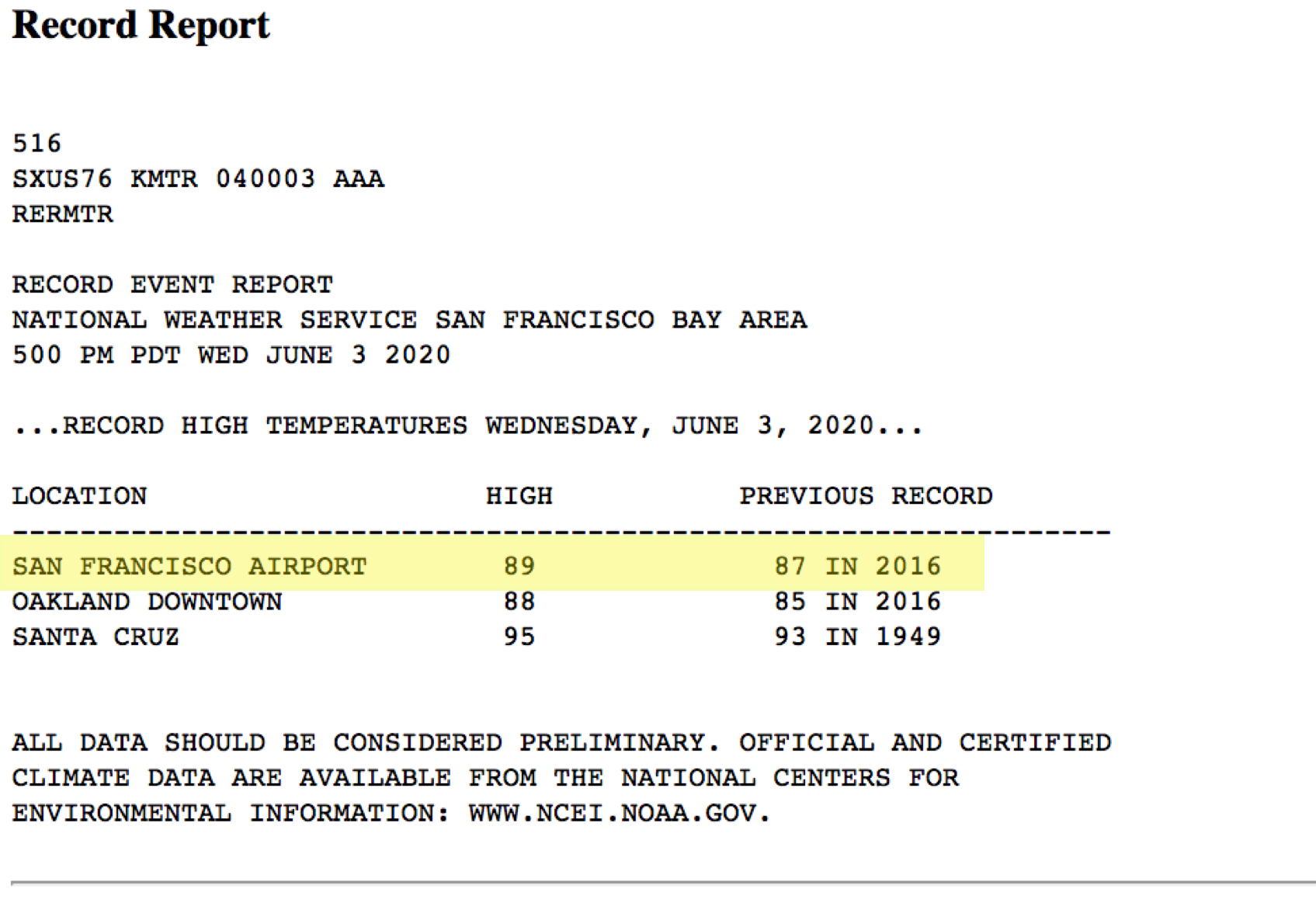 San Fransisco Airport record temperature report