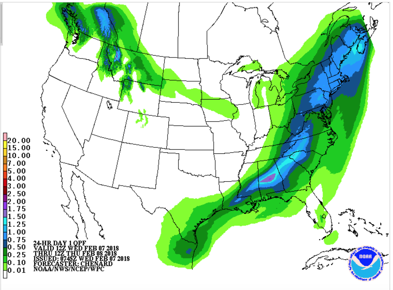 Weather map showing snowfall totals in the United States, particularly the east coast