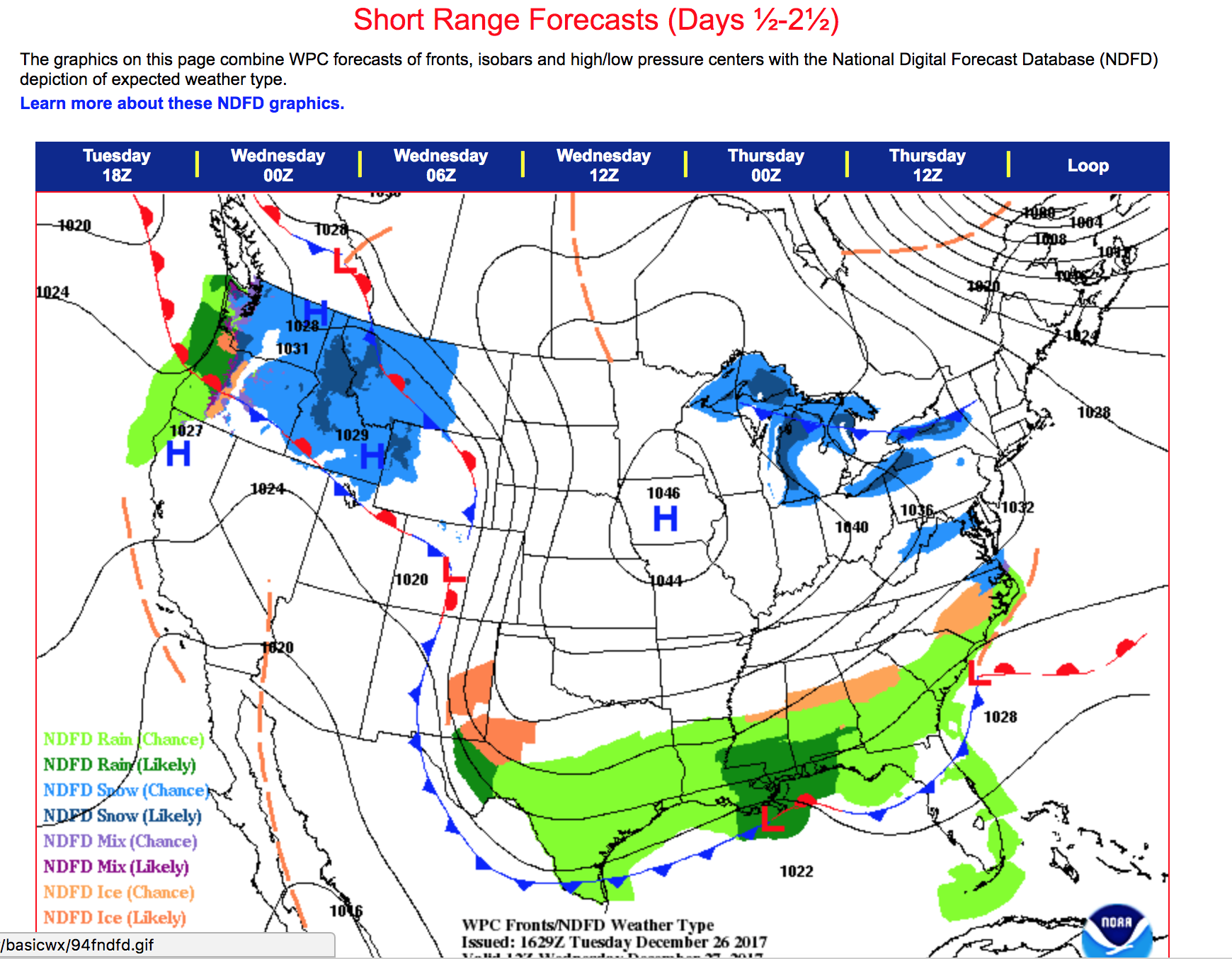 Short range forecast map on the United States for Dec 26, 2017