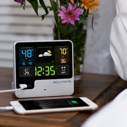 Alarm Clock with Weather Forecast on bedside table