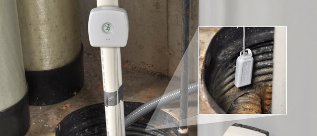 Room Monitor with Water Detector mounted on sump pump pipe