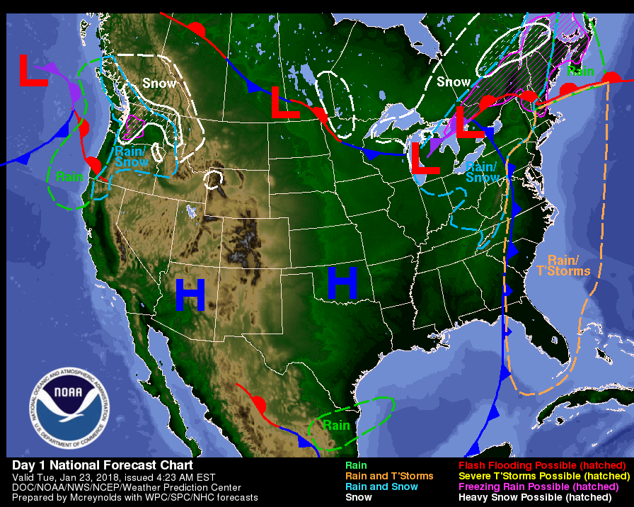 United States weather map showing areas of high and low pressure an resulting weather patterns