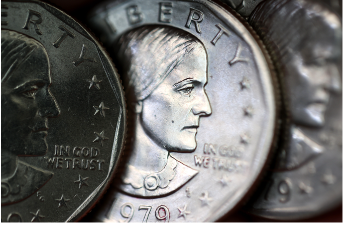 A 1979 U.S. dollar honoring Susan B. Anthony, the first woman to appear on a U.S. circulating coin.